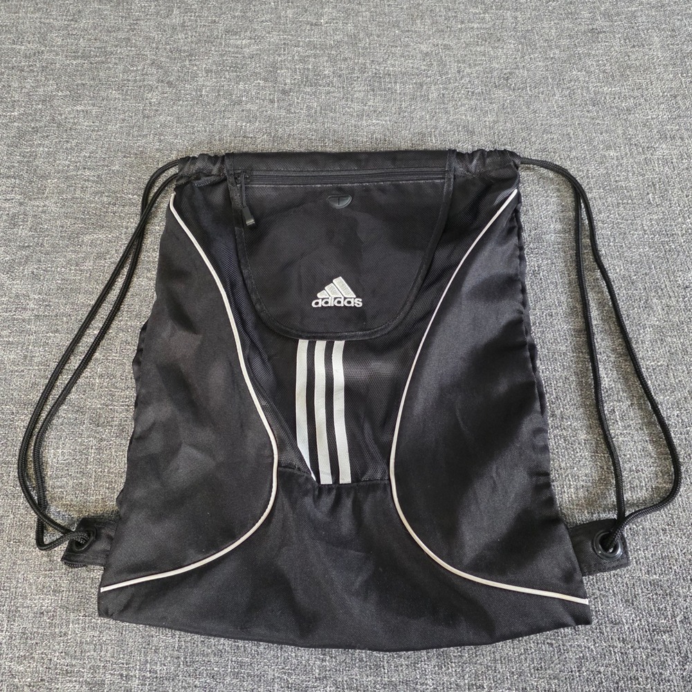 Adidas Drawstring Backpack Black White Three Stripe Cinch Bag with Zipper Pocket